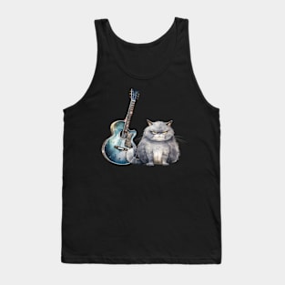 Funny Guitar Grumpy Cat Retro Cute Watercolor Tank Top